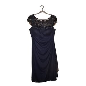 XSCAPE $229 Navy Beaded Lace Cap Sleeve Ruched Midi Dress Padded Size‎ 12